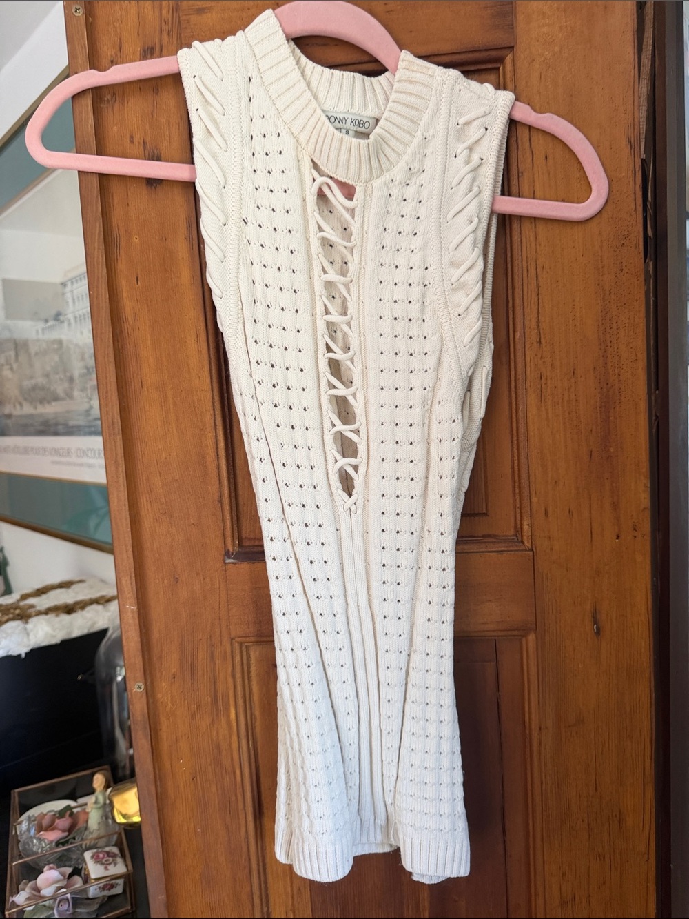 Ronny Kobo Collection Cream Lace-Up Cable Knit Sleeveless Top